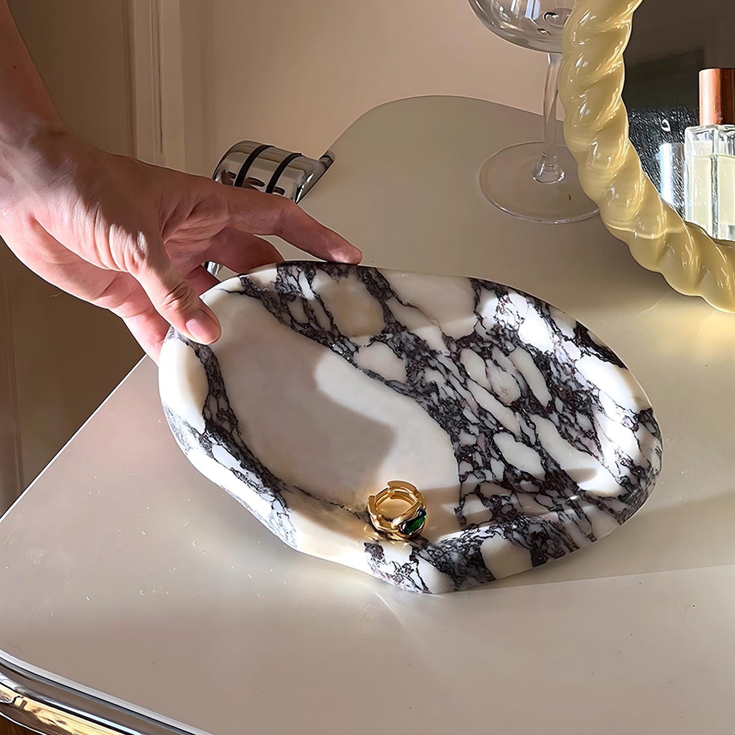 Real Luxurious Natural Marble Vanity Tray Genuine Marble Stone Storage Tray for Home Decor Bathroom/Kitchen/Vanity/Dresser Non-Resin Irregular Shape