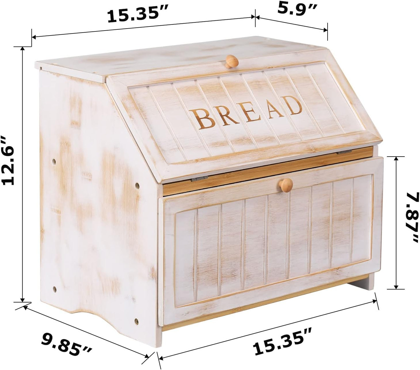 HOMEKOKO Vintage Double Layer Large Bread Box for Kitchen Counter, Retro Design Wooden Large Capacity Bread Storage Bin (White)