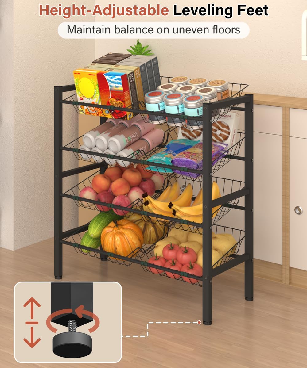 4-Tier Kitchen Storage Rack, Metal Pantry Storage Stand, Fruit Basket Stand with 8 Fruit Vegetable Baskets, Freestanding Snack Organizer Shelf Unit for Living Room, Office, Apartment, Black