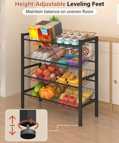 4-Tier Kitchen Storage Rack, Metal Pantry Storage Stand, Fruit Basket Stand with 8 Fruit Vegetable Baskets, Freestanding Snack Organizer Shelf Unit for Living Room, Office, Apartment, Black