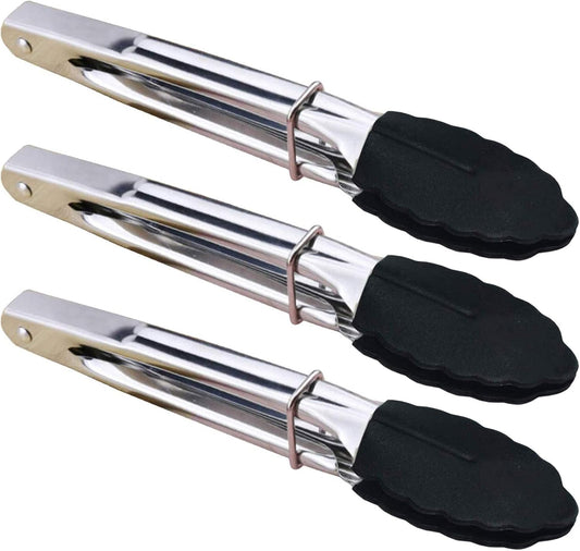 Mini Tongs with Silicone Tips 7-Inch Kitchen Tongs, Set of 3 (Black)