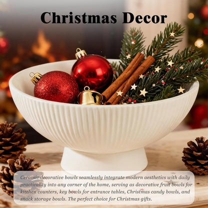 White Ceramic 8 Inch Small Decorative Bowl Fruit Bowl for Kitchen Counter Modern Pedestal Footed Centerpiece Bowl for Coffee Table & Home Decor Fall Catch-All Bowl for Key, Candy