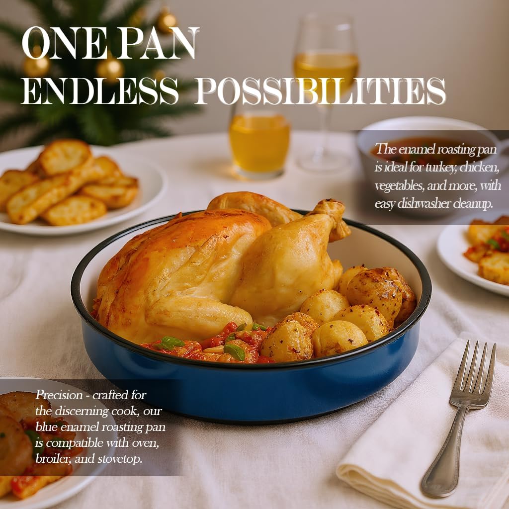 12 Inch Enamel Roasting Pan for Induction Cooktops - Heavy Duty Round Baking Pan for Thanksgiving Turkey Christmas Ham Lasagna & Pizza Dishwasher Safe Oven Broiler & Stovetop Pan