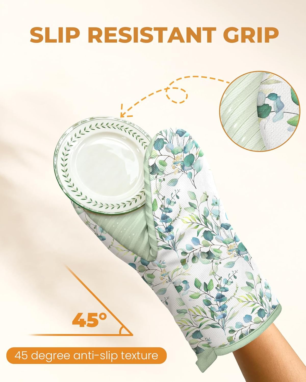 Slohif Sage Green Mini Oven Mitts Set – Flower Extended Short Heat Resistant Kitchen Gloves for Women, 100% Cotton Oven Mitts with Silicone Grips, Non-Slip and Thick Durable for Cooking & Baking