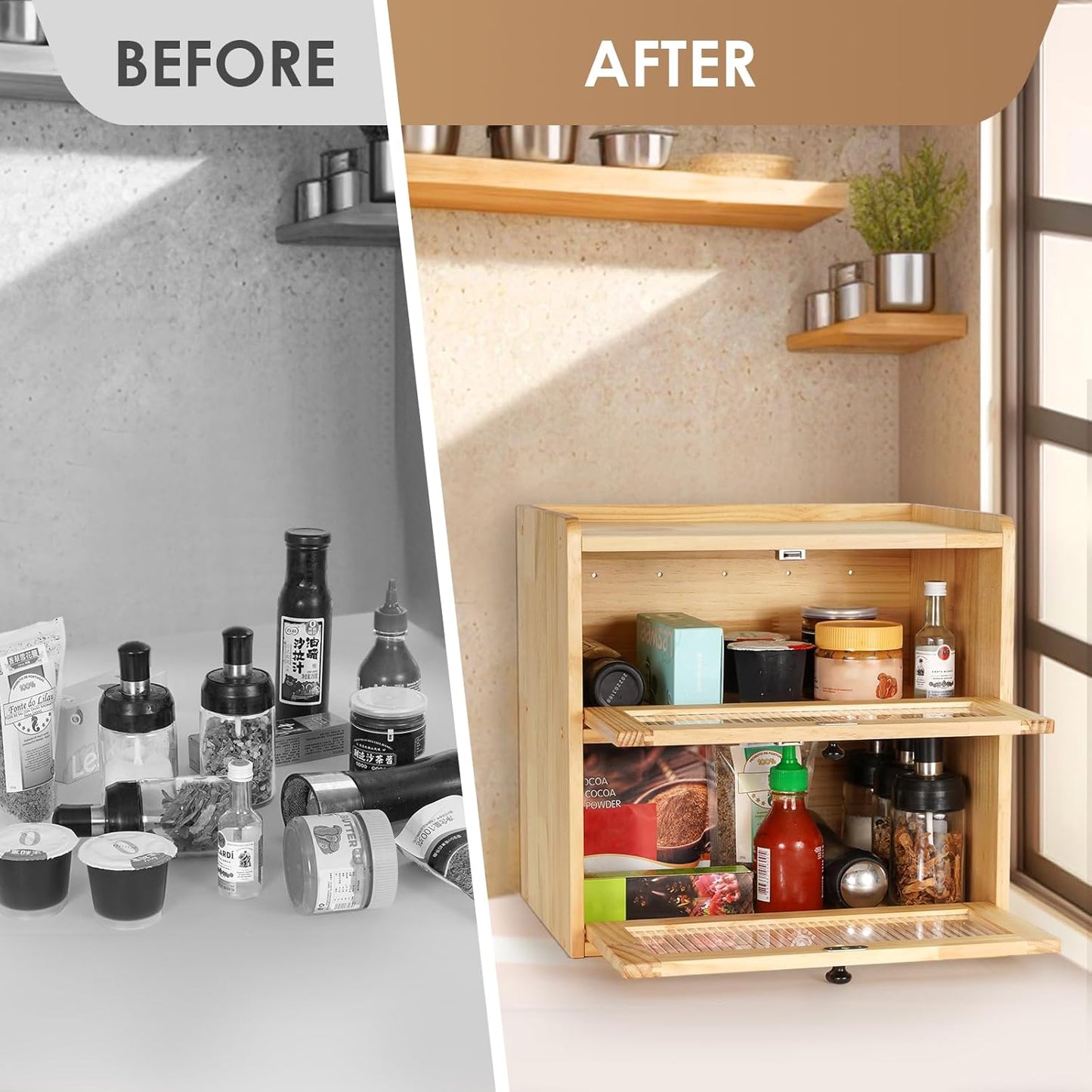 Sunhoo Bread Box for Kitchen Countertop Wooden Bread Storage Container Bin 2 Layer Breadbox Holder Large Capacity Keeper Vintage Farmhouse Food Organizer Pantry Shelf Acrylic Window（Wood color）