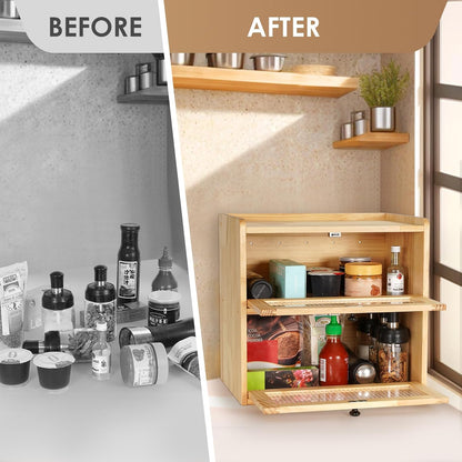 Sunhoo Bread Box for Kitchen Countertop Wooden Bread Storage Container Bin 2 Layer Breadbox Holder Large Capacity Keeper Vintage Farmhouse Food Organizer Pantry Shelf Acrylic Window（Wood color）