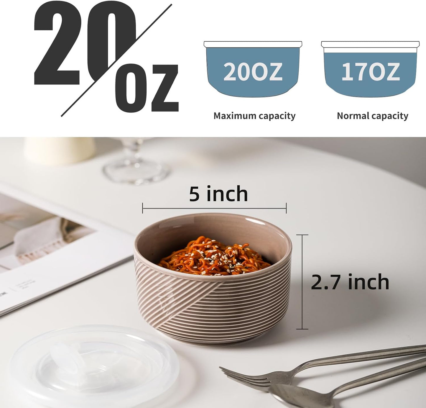 Ceramic Bowls with Lids: 20 oz Microwave Safe Food Storage Containers for Soup, Salad, Cereal, Leftovers, Meal Prep, Lunch, Picnic, Camping, Serving - Airtight, Grey, Set of 4