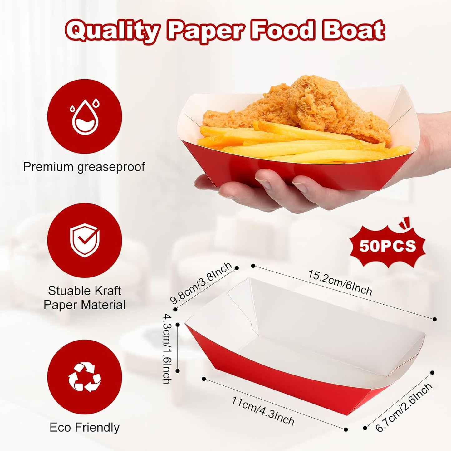 50 Pcs 2lb Paper Food Boat Trays Disposable，Snack Tray，Food Trays for Snack French Hot Dog Taco Popcorn Picnic party Wedding，Concession Stand Supplies (Red)