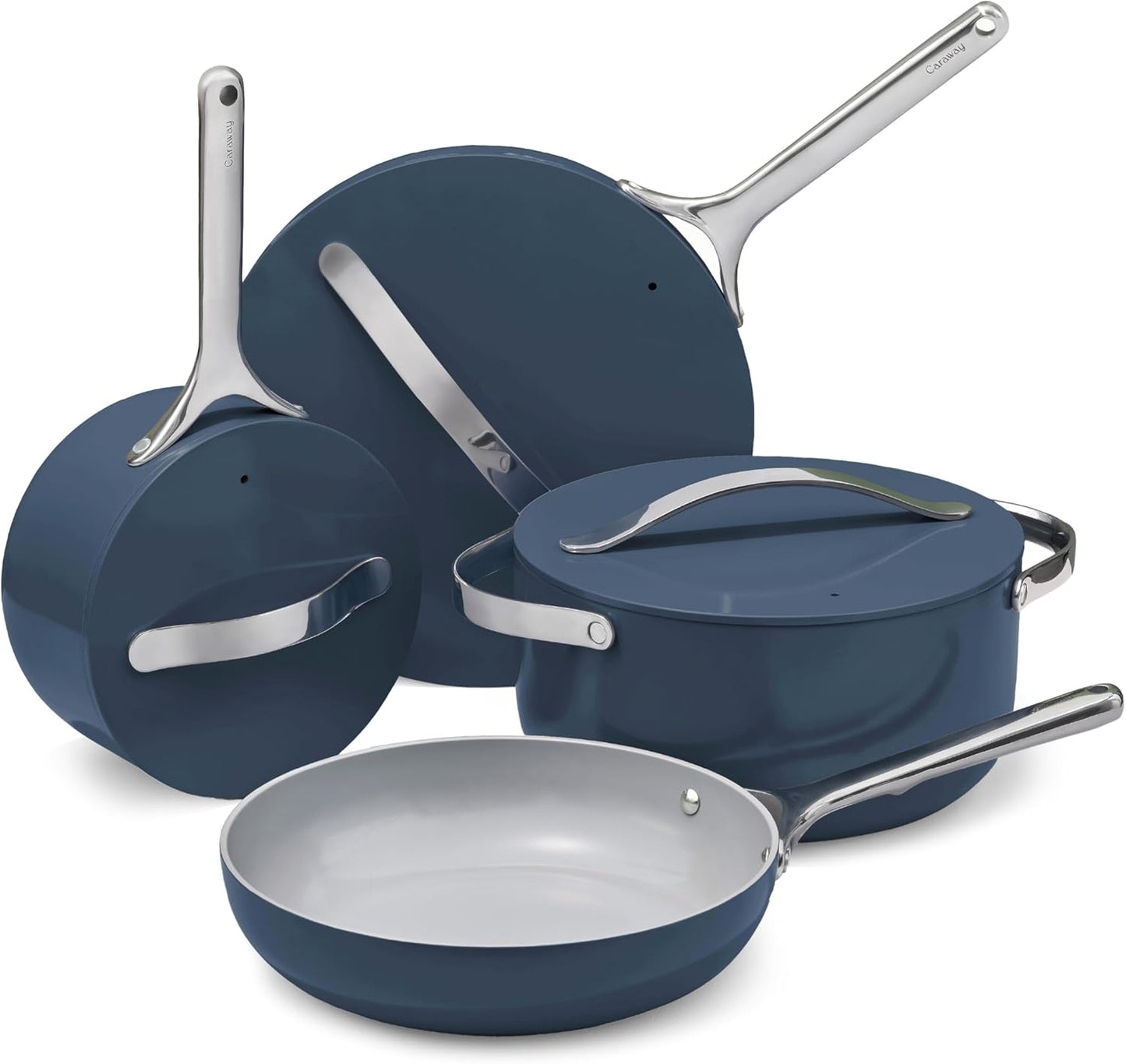 Caraway Non-stick Ceramic Cookware Set (12 Piece) Pots, Pans, Lids and Kitchen Storage - PFAS & PFOA Free - Oven Safe Pan Set & Compatible with All Stovetops - Navy