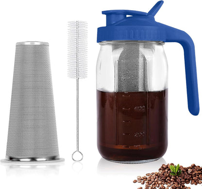 Cold Brew Coffee Maker,32 oz Mason Jar Pitcher with Stainless Steel Filter, Pour Spout Handle Lid, Heavy Duty Glass Airtight & Leak-Proof Pitcher for iced coffee Tea Lemonade-Blue