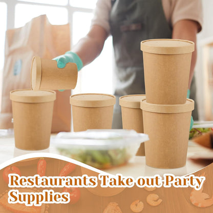 Sabary 50 Pack 16 oz Paper Soup Containers with Lid Disposable Kraft Soup Food Bowl Microwavable Food Storage Ice Cream Containers Nice for Restaurants(Brown)