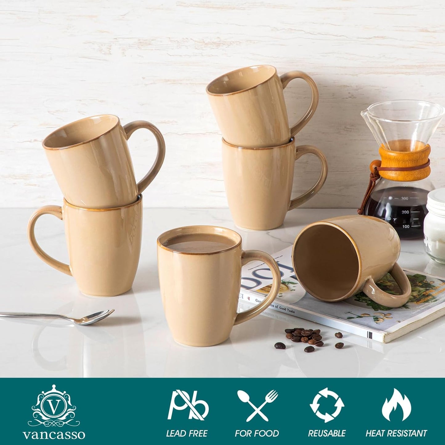 vancasso PLAYA Ceramic Coffee Mug Set of 6, 16 Oz Tea Cups with Handle for Latte, Tea, Cappuccino, Milk, Cocoa, Microwave&Dishwasher Safe, Brown