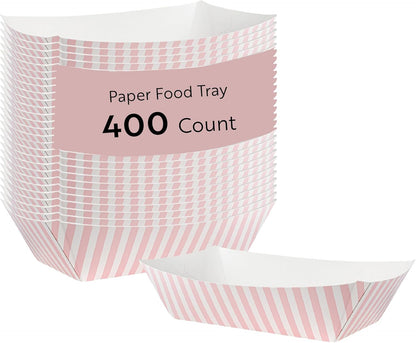 Restaurantware Bio Tek 2 Pound Food Boats 200 Disposable Paper Food Trays - Heavy-Duty Greaseproof Pink And White Paper Boats For Snacks Appetizers Or Treats Use At Parties Or Carnivals