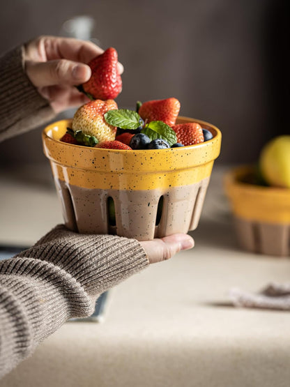 Gomakren Fruit Bowl with Holes, Ceramic Berry Basket Set of 2, 5.8 Inch Round Fruit Storage Containers, Strawberry Baskets, Farmhouse Kitchen Decor, Yellow + Brown