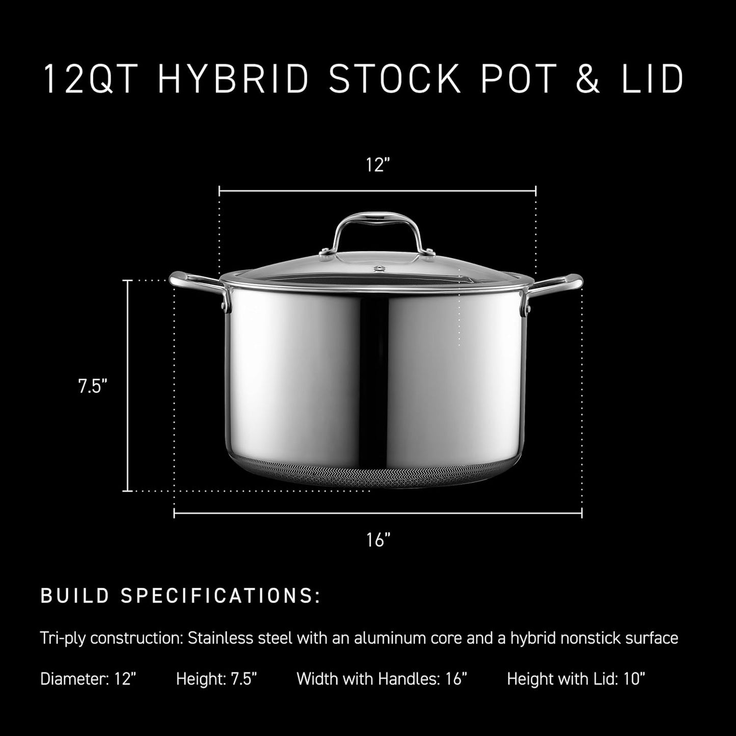 HexClad Hybrid Nonstick 12-Quart Stockpot with Tempered Glass Lid, Stay-Cool Handles, Dishwasher-Friendly, Oven-Safe Up to 900°F, Induction Ready, Compatible with All Cooktops
