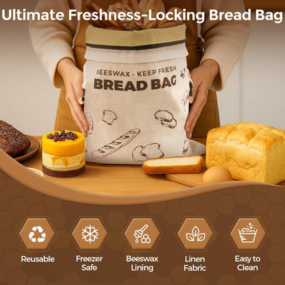 YARRAMATE Beeswax Bread Bags for Homemade Sourdough, Zipper Reusable Linen Food Storage Bags to Keep Loaf Fresh, Large Freezer Safe and Eco Friendly Bread Containers (17x13", 2 Pack)