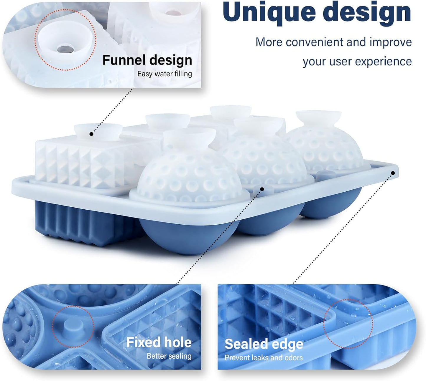 Acomler Large Silicone Ice Cube Tray, 3 Big Crystal Cubes & 3 Sphere Golf Ice Tray, BPA Free Ball Ice Molds, Ice Cube Mold with Funnel for Whiskey, Cocktails, 6 Holes Fun Shape Ice Maker Mold (Blue)