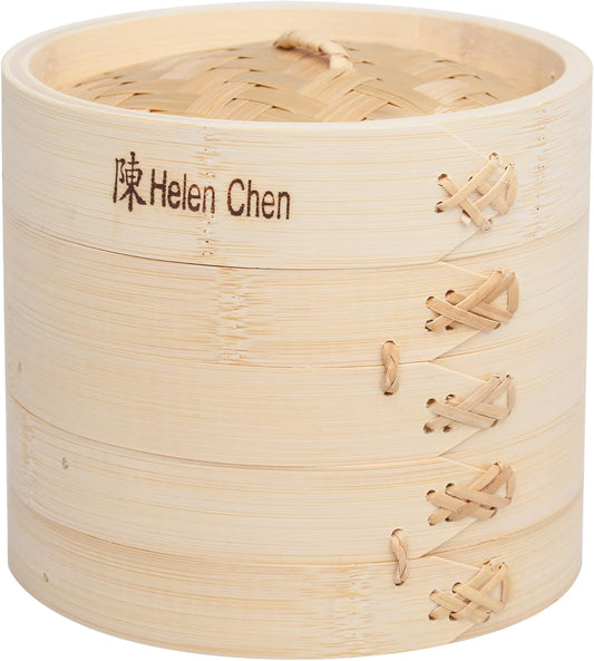 Helen's Asian Kitchen Bamboo Food Steamer with Lid - 100% Natural Bamboo - Basket Steamers for Cooking Dumplings, Dim Sum, Veggies, Fish, Meat - Preserve Nutrients & Flavors - 6-Inch
