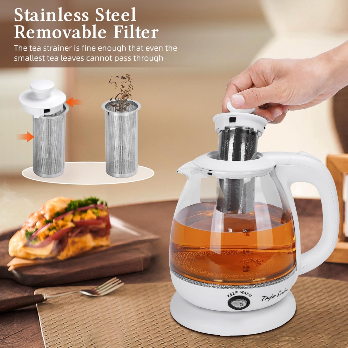 Taylor Swoden Electric Kettle with Tea Infuser, 1L Small Electric Tea Kettle with Keep Warm, LED Light Hot Water Boiler & Heater for Coffee & Tea, Auto Shut-Off & Boil Dry Protection, BPA Free, White