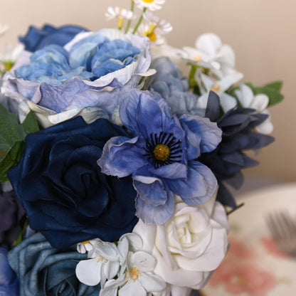 Dusty Blue Roses Silk Artificial Flowers Combo for DIY Bouquet Centerpieces Floral Arrangements, Navy Blue White Faux Flower with Stem Multi Use Wedding Party Home Decorations