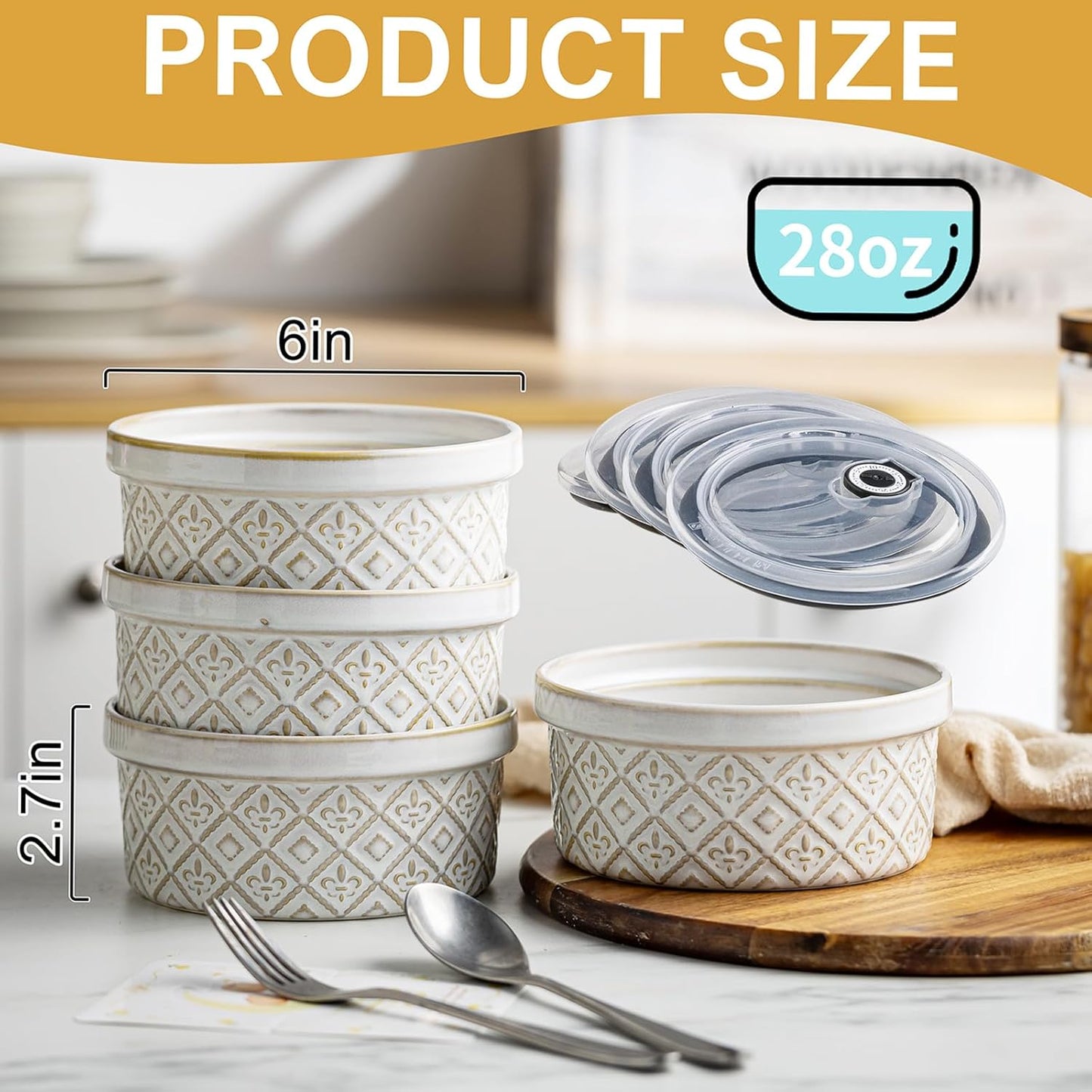 28 Oz Cereal Bowls Set with Lids, Ceramic Salad Bowls for Kitchen, Preparing, Camping, Office Lunch, 6 Inch Kitchen Food Storage Containers with Airtight Lids set of 4, Housewarming Present, Beige