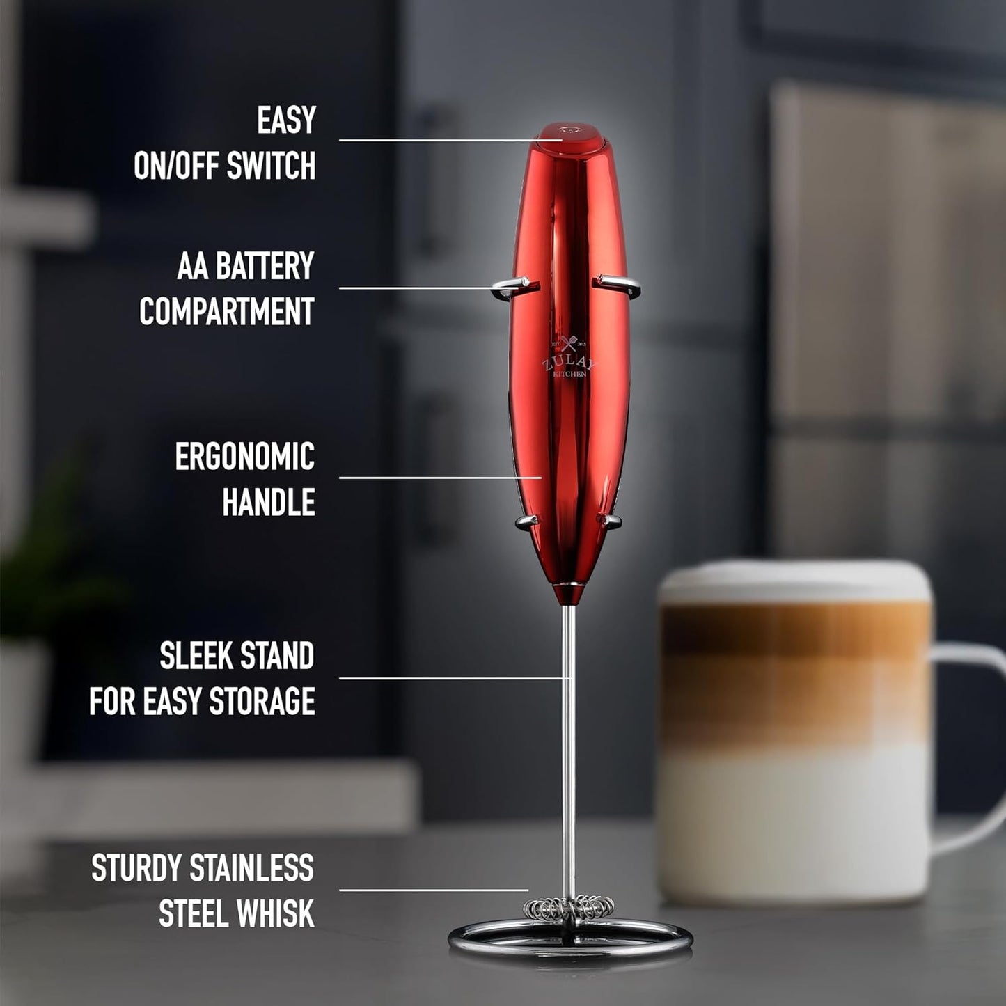 Zulay Kitchen Executive Series Luxury Gift Milk Frother – Handheld Electric Foam Maker for Coffee, Lattes & Hot Chocolate – Deluxe Finish, Great Fir for Coffee Lovers (Cardinal Red)