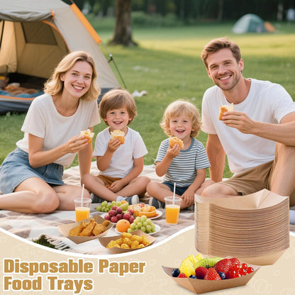 100 Pack Paper Food Boats, 3 Lb Heavy Duty Kraft Paper Food Trays, Disposable Serving Basket, Disposable Nacho Trays for Party Snacks French Fries Hot Dog Nachos BBQ Popcorn Taco, Brown