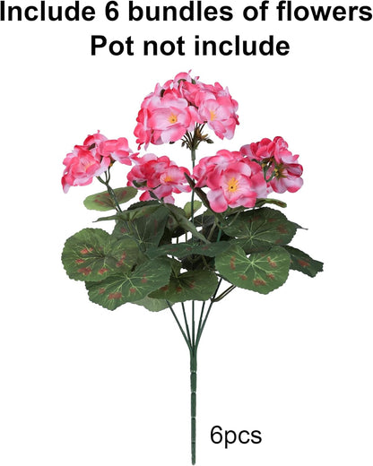 Artificial Geranium Fake Flowers for Outdoors Decoration, 6 Bundles Silk Geraniums Pink Flower UV Resistant Look Real Faux Plants for Front Door Garden Porch Planter Patio Balcony Yard Indoor Home