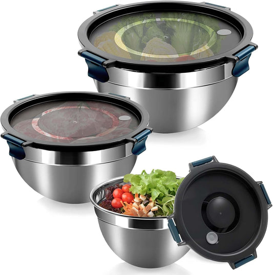 Daily Treasures Mixing Bowls with Airtight Clear Lids Set of 3,Thicker Stainless Steel Mixing Bowl Set,Nesting Bowls for Cooking, Prepping, Baking, Serving & Food Storage, Size 5, 3, 1.5QT