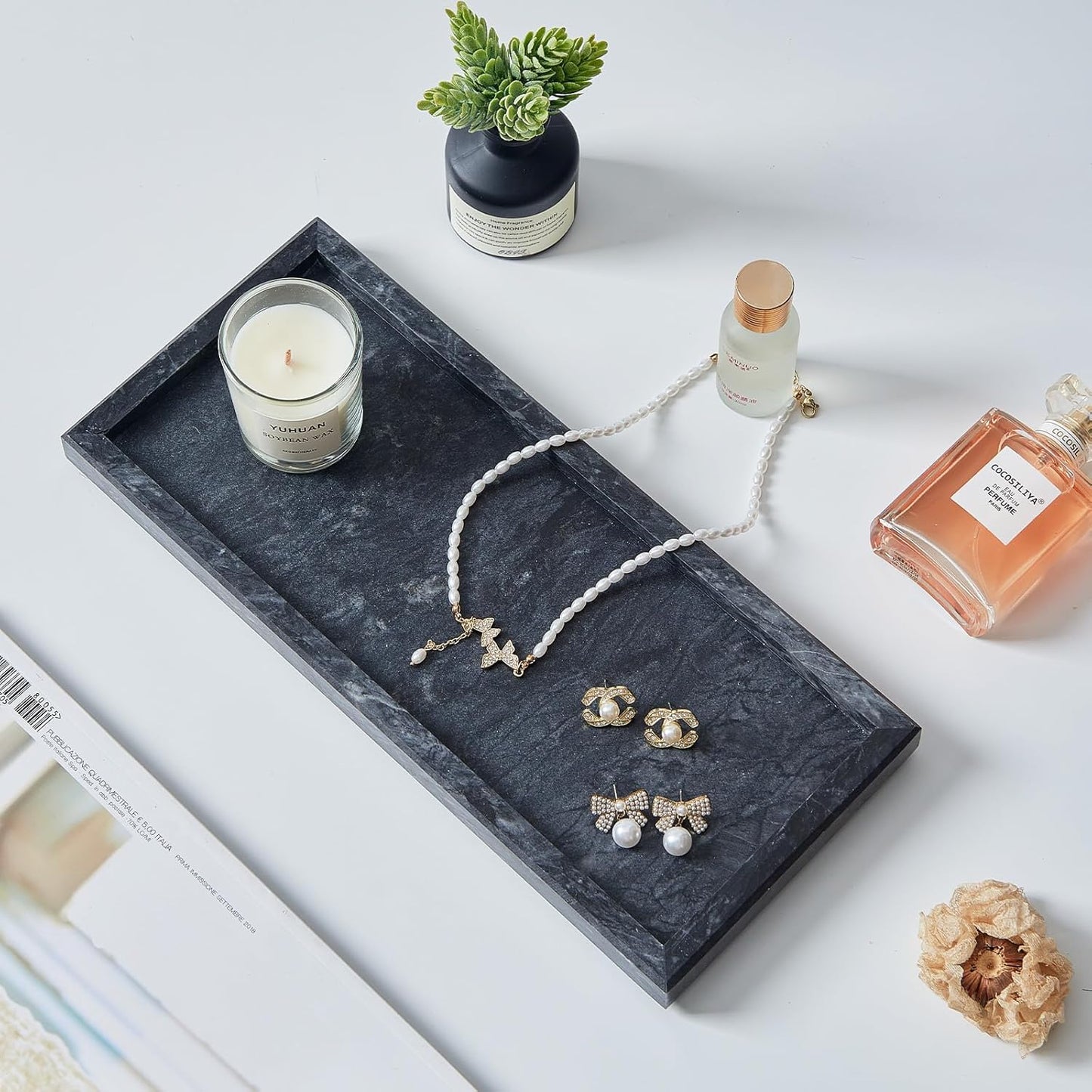Luxury Natural Small Marble Tray for Bathroom Vanity and Kitchen Sink, Stone Countertop Organizer for Soap Dispenser, Jewelry, Perfume, Candle, Ring, Home Decor, Non-Resin Non-Ceramic