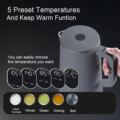 1.5L Electric Kettle Stainless Steel, Double Wall Cool Touch Teapot, Fast Boil,5 Temperature Control, LED Display, Auto Shut-Off, BPA-Free,Keep Warm Function, Ideal for Tea & Coffee,Gray