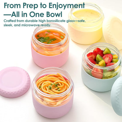 24 oz Glass Lunch Bowl Container with Lid | Leak & Spill Proof, BPA-Free, Microwave & Dishwasher Safe, Airtight Meal Prep & Food Storage Jar for Lunch, Salad, Soup, Overnight Oats, Stew, Yogurt