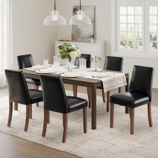 Dining Chairs Set of 6, Modern Faux Leather Dining Room Chair, Upholstered Parsons Kitchen Chairs for Restaurant & Cafe- Black