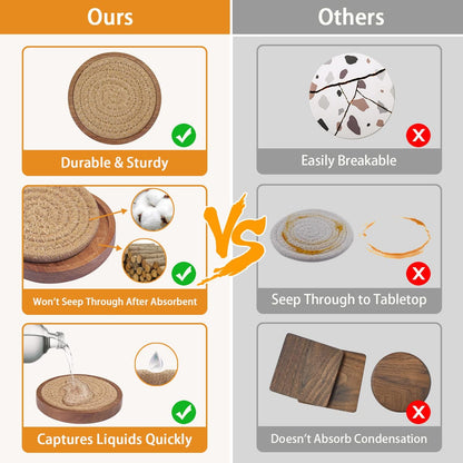 Woven Coasters Set of 5, Wooden Coasters with Holder for Coffee Table, Housewarming Gift for Farmhouse Home Decor, 4 inches