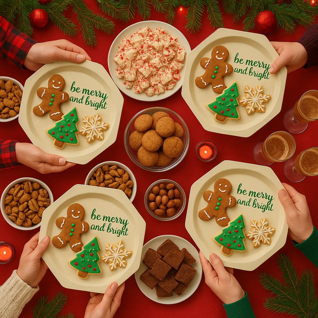 Perfectware Disposable Wooden Christmas Plates, 10.2 Inch Octagon Shape, Be Merry and Bright Green Print, 25 Count