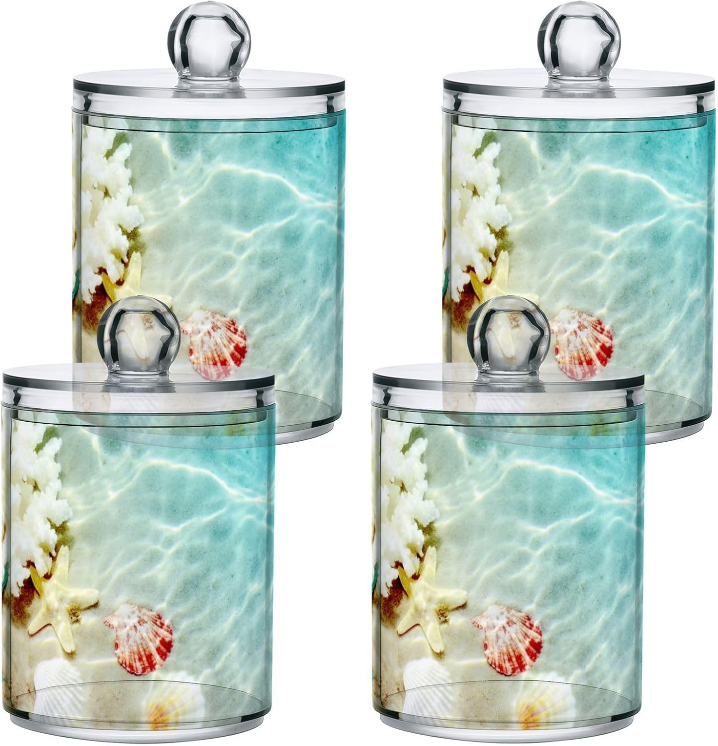 xigua Starfish Seashell Beach Qtip Holder with Lid,2Pack Clear Plastic Apothecary Jars Bathroom Storage Containers for Cotton Swab,Cotton Ball,Floss Picks,Tea,Coffee