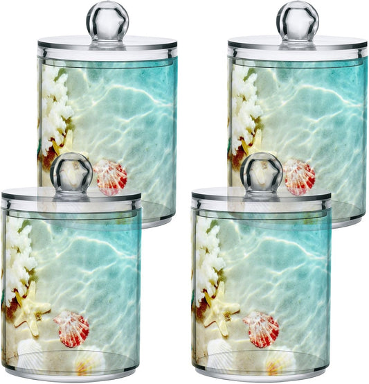 xigua Starfish Seashell Beach Qtip Holder with Lid,2Pack Clear Plastic Apothecary Jars Bathroom Storage Containers for Cotton Swab,Cotton Ball,Floss Picks,Tea,Coffee