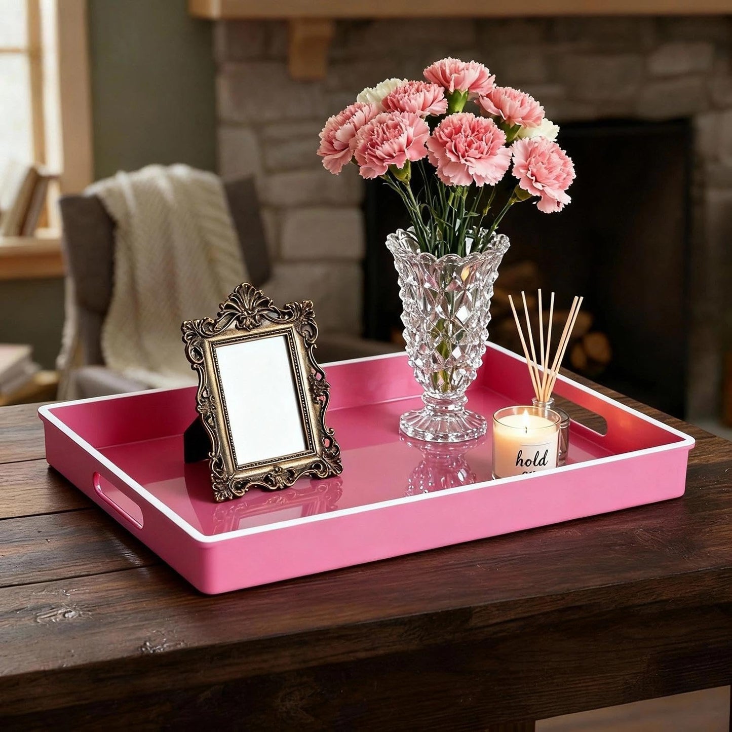 Zosenley Decorative Tray, Rectangular Plastic Tray with Handles, Modern Vanity Tray and Serving Tray for Bathroom, Kitchen, Ottoman and Coffee Table, 15.6” x 10.2” (White Border Rose red)