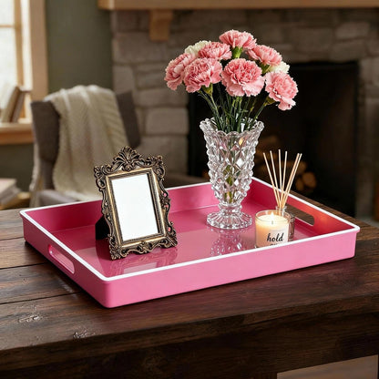 Zosenley Decorative Tray, Rectangular Plastic Tray with Handles, Modern Vanity Tray and Serving Tray for Bathroom, Kitchen, Ottoman and Coffee Table, 15.6” x 10.2” (White Border Rose red)