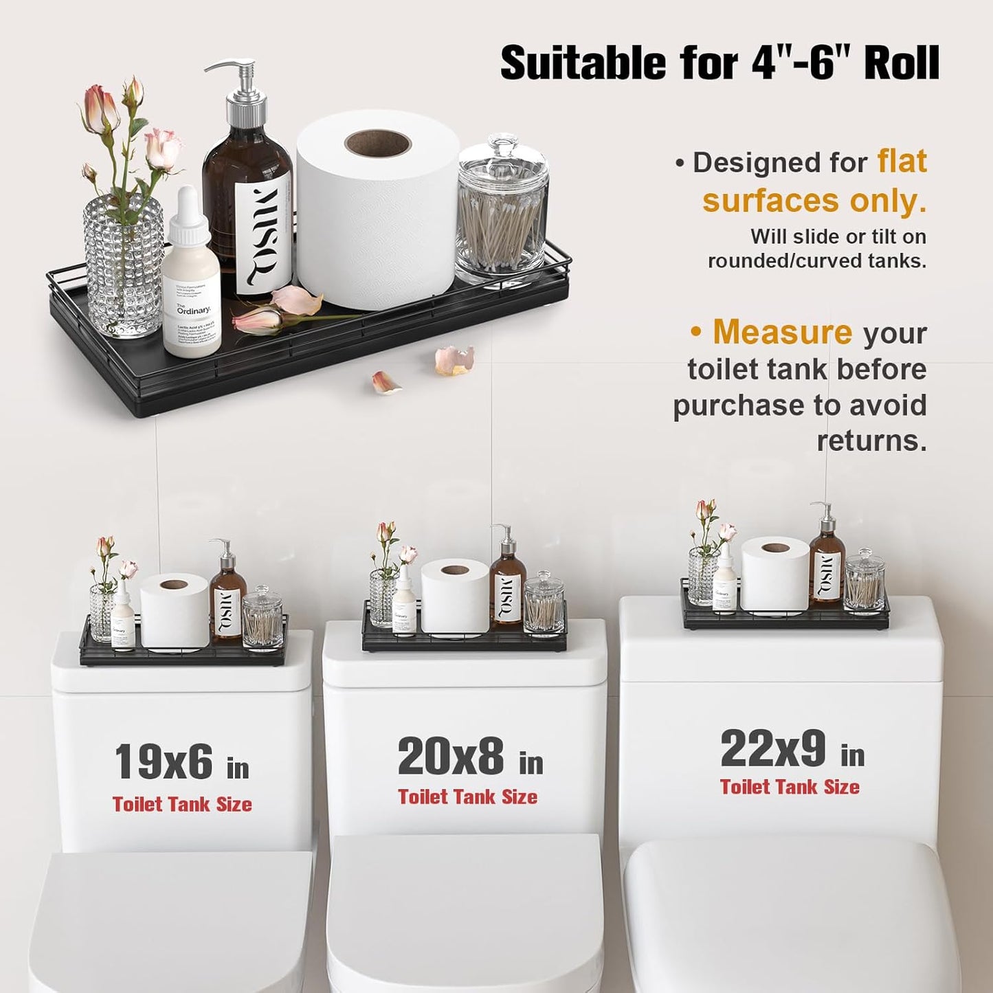 Oak Bathroom Toilet Tank Tray, 13" Paper Storage Basket Tray Back of Toilet Basket Organizer, for Perfume Makeup Candle Kitchen Counter Coffee Table Gold Decor