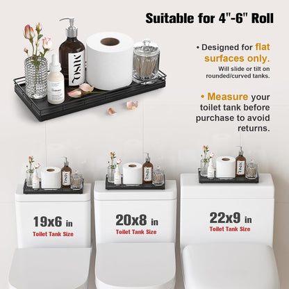 Oak Bathroom Toilet Tank Tray, 13" Wood Toilet Paper Storage Basket Back of Toilet Basket Organizer, Vanity Tray for Perfume Makeup Candle Kitchen Counter Coffee Table Black Tray Decor