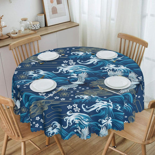 Japanese Tablecloth, Blue Traditioanal Chinese Landscape Great Waves Oriental Vintage Cherry Blossom Water Resisitant Table Cover for Dining Kitchen Living Room Home Party Holiday Decor 36 inch Round