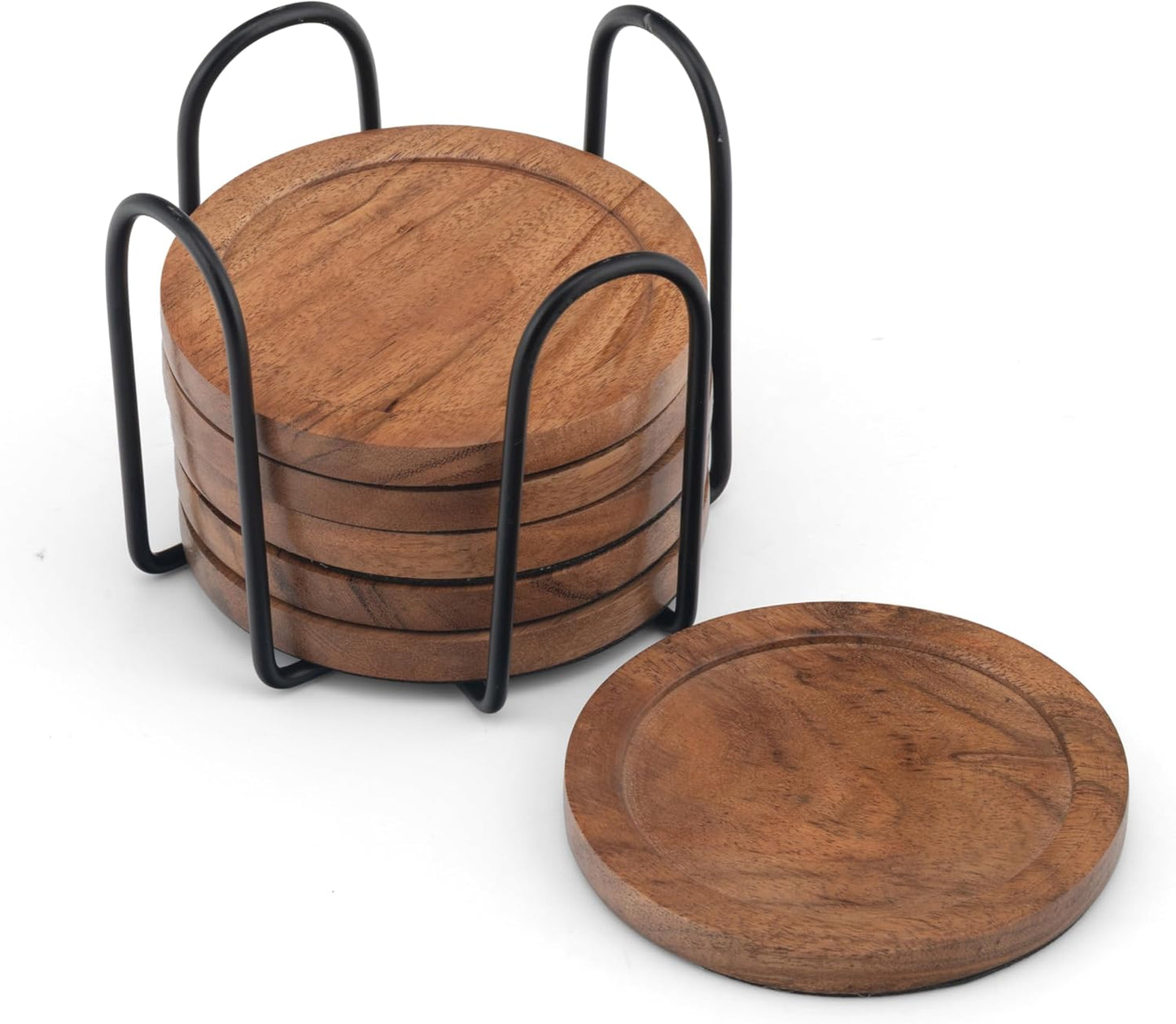 Wooden Coasters Set of 6 with Metal Holder – Round Natural Wood Drink Coasters for Hot & Cold Beverages – Non-Slip & Reusable Coasters for Coffee Table, Home, Office & Bar