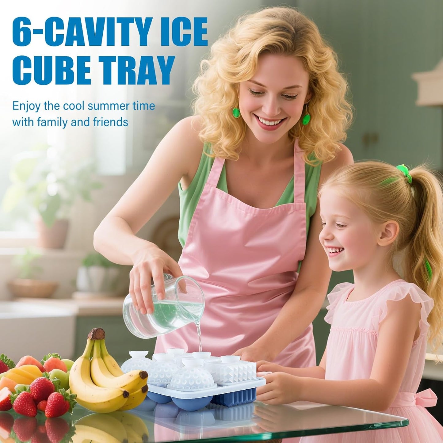 Acomler Large Silicone Ice Cube Tray, 3 Big Crystal Cubes & 3 Sphere Golf Ice Tray, BPA Free Ball Ice Molds, Ice Cube Mold with Funnel for Whiskey, Cocktails, 6 Holes Fun Shape Ice Maker Mold (Blue)