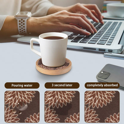 Wood Coasters Set of 6 with Holder, Cewiru Cup Mat for Drinks, Absorbent Coasters with Felt Insert for Coffee Table Protection, Modern Style Home Dining Table Decor, 4.3" Brown