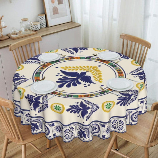 Mexican Round Tablecloth, Floral Bird Talavera Ceramic Tile Dia De Los Muertos Azulejo Mosaic Water Resisitant Table Cover for Dining Kitchen Living Room Home Party Holiday Decor 60 inch Round