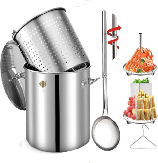 ARC 64quart Large Stainless Steel Stockpot with 48in Mixing Spoon for Seafood Boiler Crawfish Pot with Basket and Steam Rack,Long Handle Spoon for Large Batch Cooking Crab Lobster Shrimp, and Tamales
