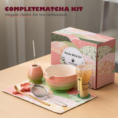 Matcha Tea Set, 8 Pcs Japanese Matcha Kit with Cherry Blossom and Wave Design Ceramic Bowl, Bamboo Whisk, Whisk Holder, Scoop, Sifter, Brush, Matcha Kit Set for Matcha Lovers (Pink-Green)
