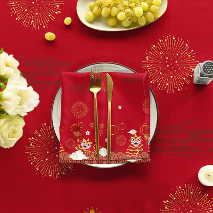 Horaldaily Newyear Tablecloth 60×140 Inch Rectangular, Chinese Lunar New Year Lion Dance Lantern Red Washable Table Cover for Party Picnic Dinner Decor