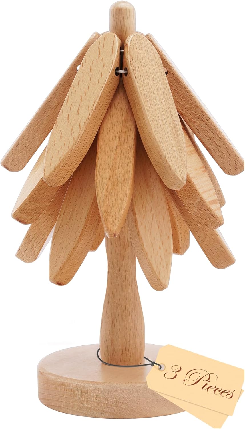 Wooden Tree Trivets for Hot Dishes, 3 Wooden Trivet + 1 Stand Natural Wooden Coaster for Hot Dishes, Pot, Bowl, Teapot, Hot Pot Holders, 3 Foldable Christmas Tree-Shaped Trivets